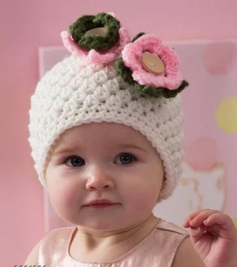 White Color Woolen Kids Cap - 0-3 Months, White, Wool, Cap, Pack of 1